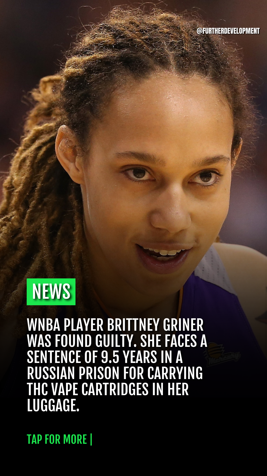 WNBA player Brittney Griner was found guilty. She faces a sentence of 9.5 years in a Russian prison for carrying THC vape cartridges in her luggage.